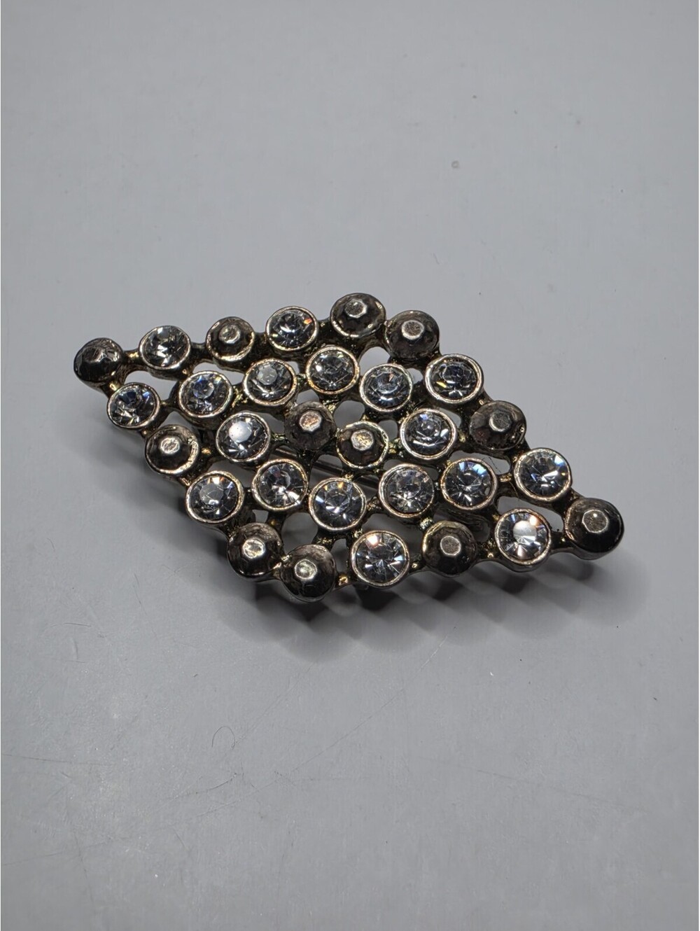 Vintage Clear Rhinestone Geometric Lozenge Brooch Pin Silver Tone Estate